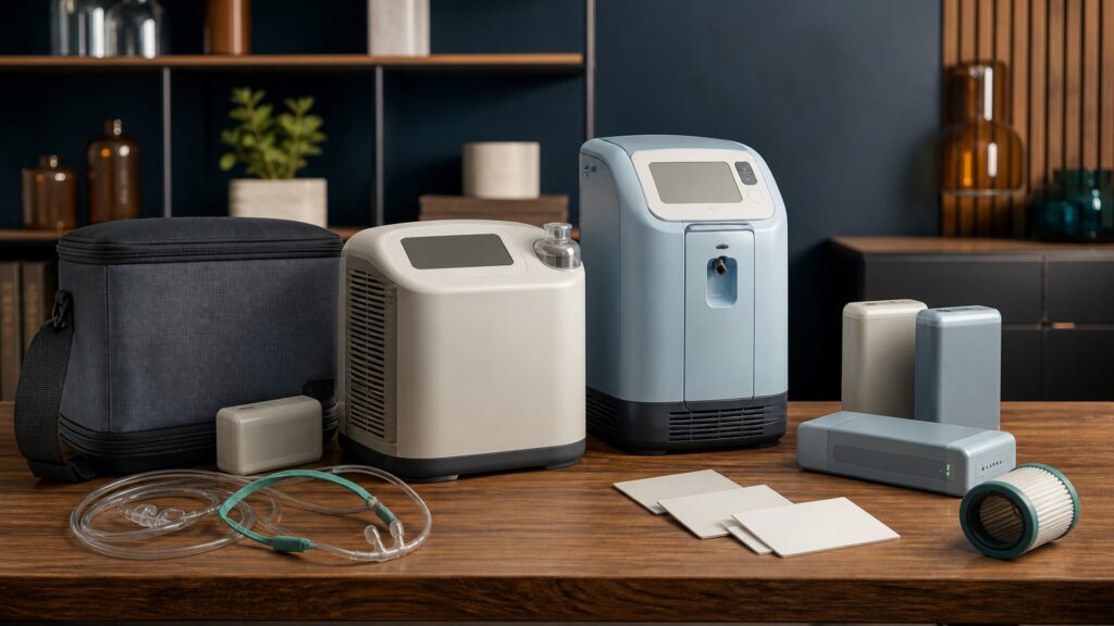 People-free editorial still life illustrating room-air intake filtration molecular sieve nitrogen separation oxygen concentration delivery mode cannula power alarms and backup