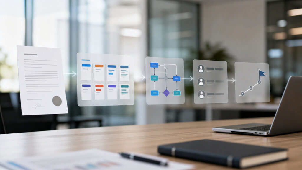 Editorial business scene illustrating project management software