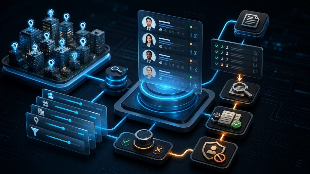 Editorial business scene illustrating prospecting databases work