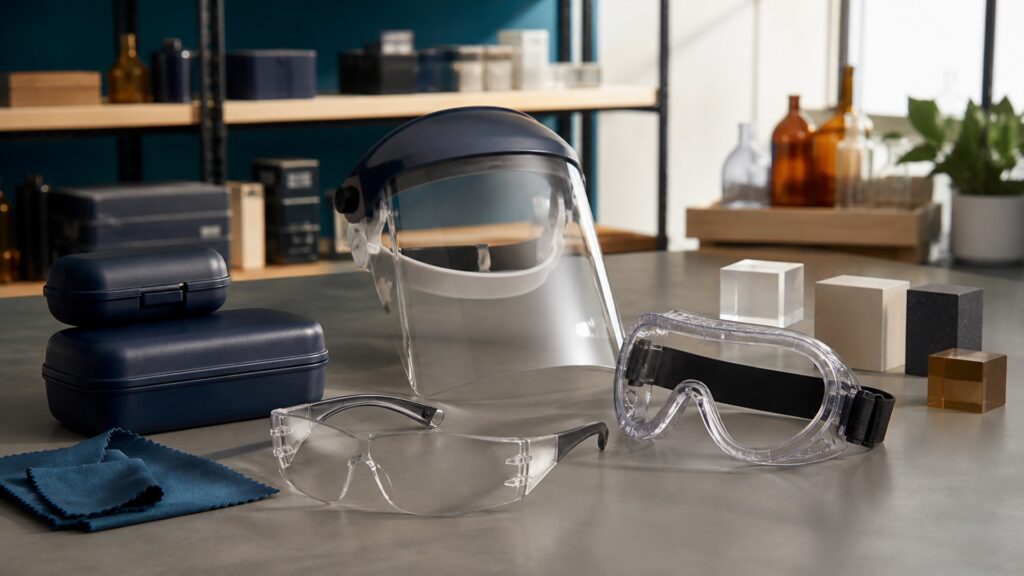 People-free editorial still life illustrating hazard assessment rating lens and frame resistance coverage fit optical clarity maintenance and reassessment