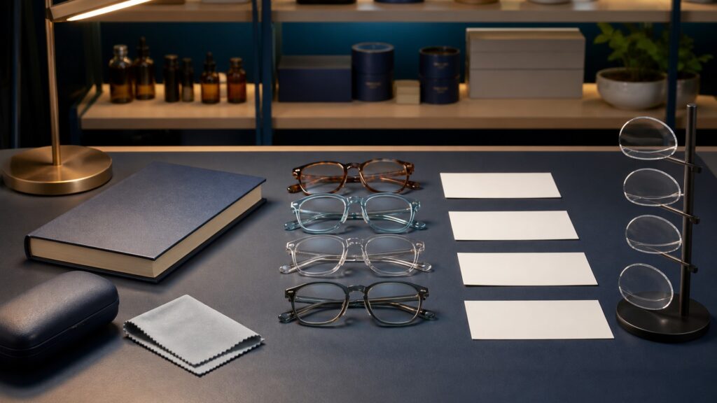 People-free editorial still life illustrating plus lens power working distance retinal focus presbyopia task clarity binocular balance and eye examination