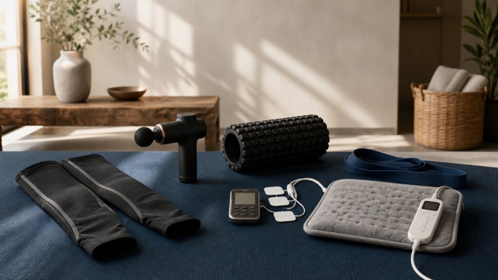 People-free editorial still life illustrating recovery & therapy products