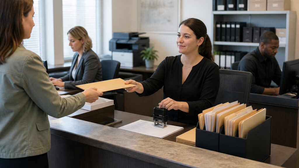Editorial business scene illustrating registered agent services work