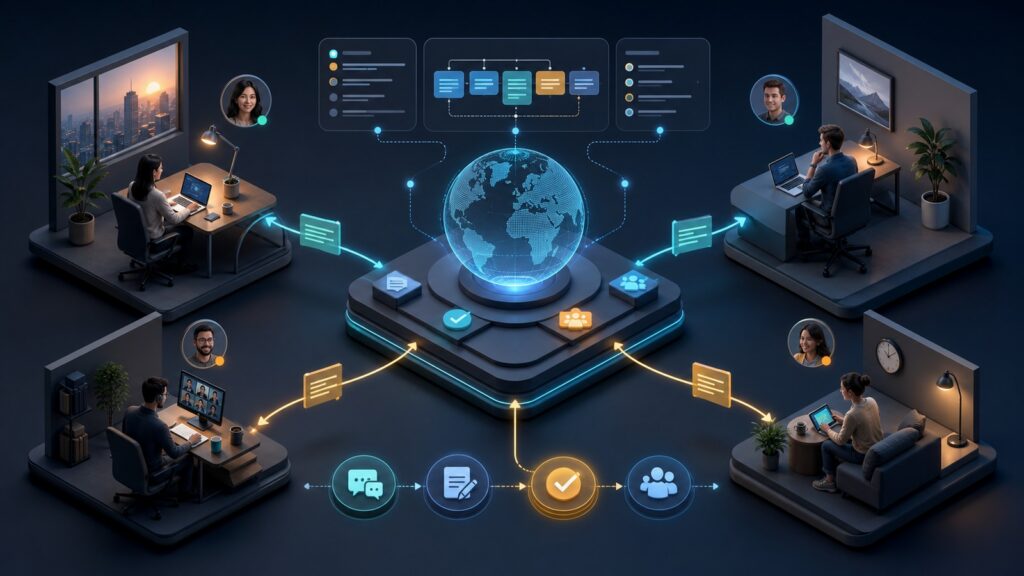 Editorial business scene illustrating remote team project management software