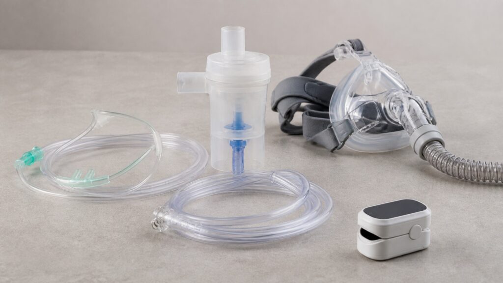 People-free editorial still life illustrating medication oxygen airflow and pressure delivery