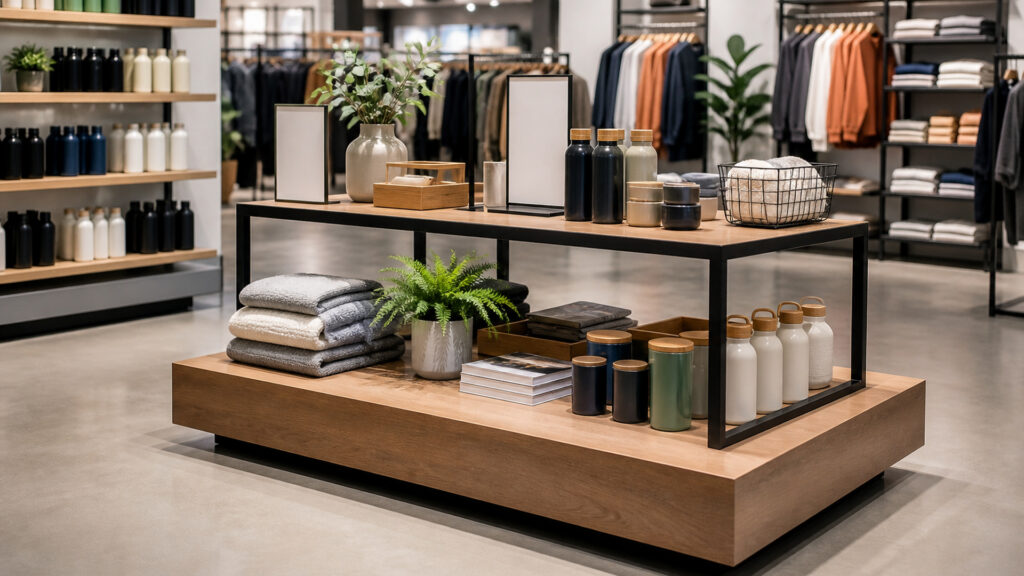 Editorial business scene illustrating retail display tables work