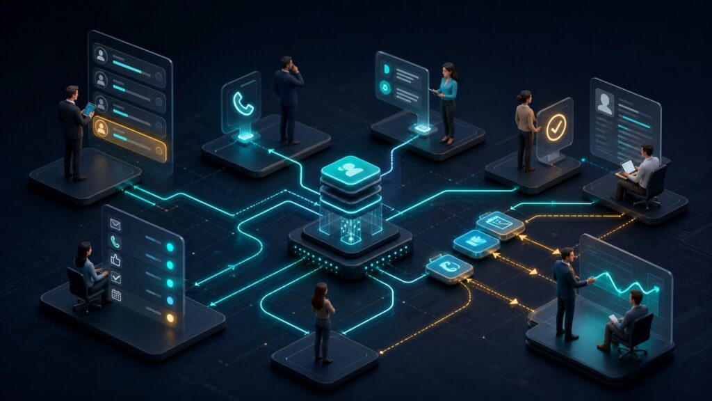 Editorial business scene illustrating sales engagement platforms work