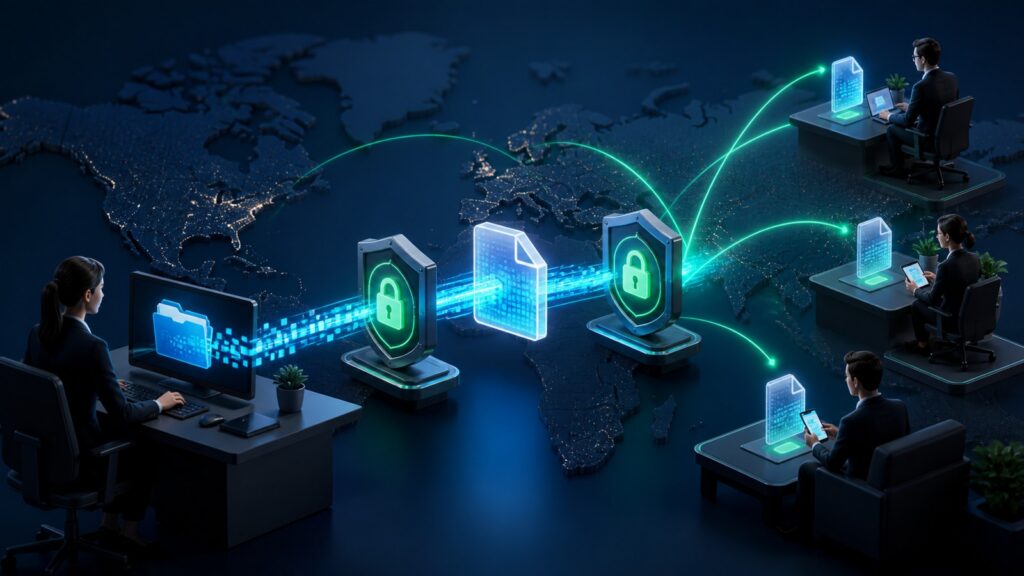 Editorial business scene illustrating secure file sharing platforms work