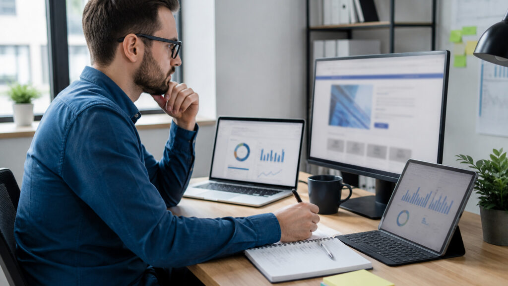 Editorial business scene illustrating seo services work