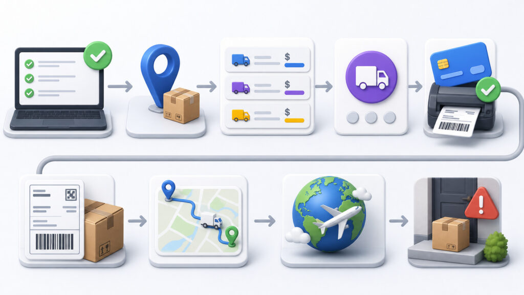 Editorial business scene illustrating shipping software