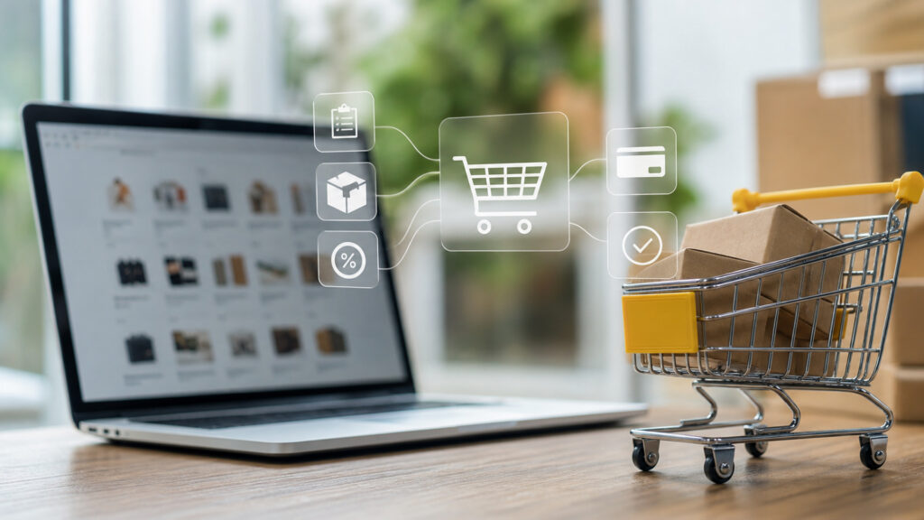 Editorial business scene illustrating shopping cart software