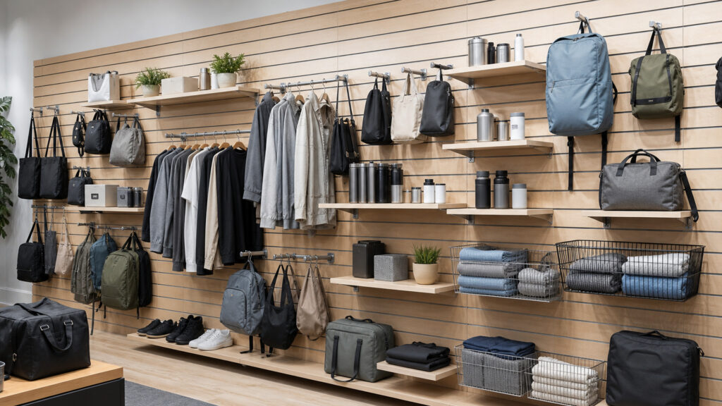 Editorial business scene illustrating slatwall display systems work