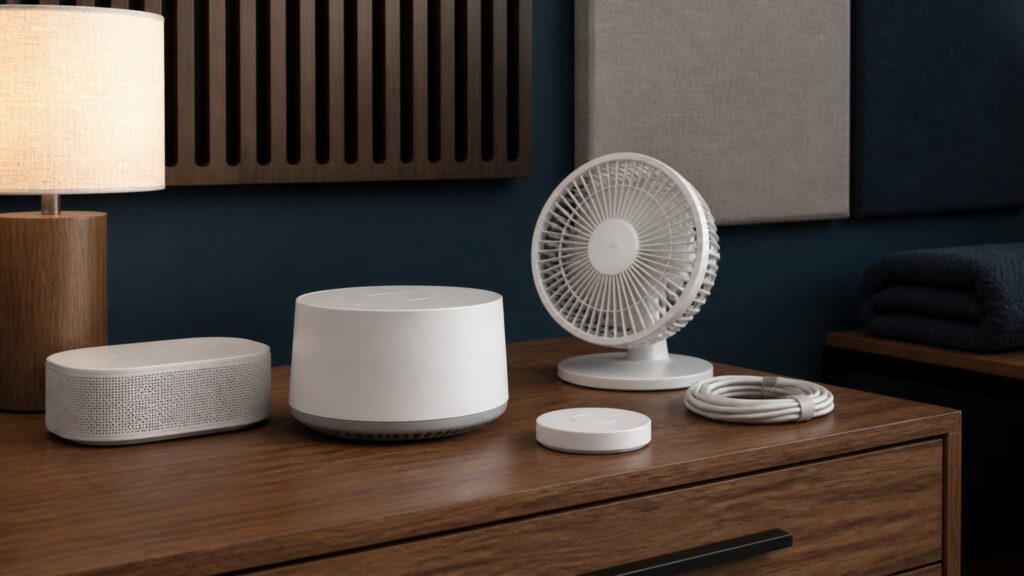 People-free editorial still life illustrating audio source sound spectrum masking contrast arousal cue volume control and sleep-environment pathway