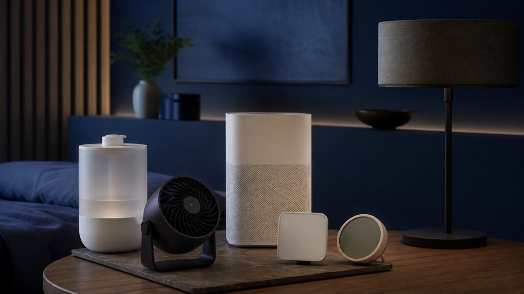 People-free editorial still life illustrating room sensor environmental output mixing distribution overnight stability feedback and maintenance pathway