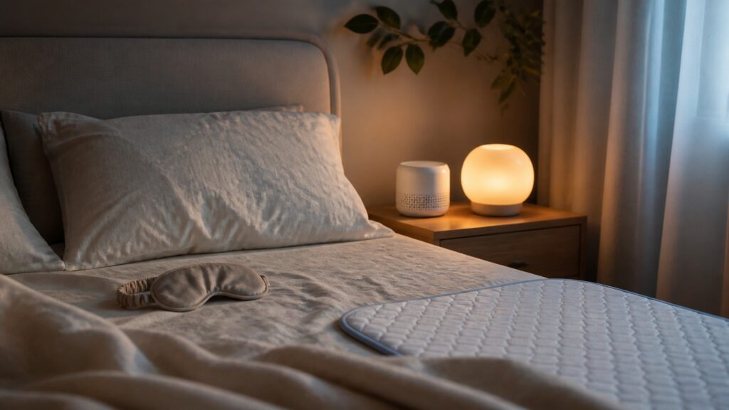 People-free editorial still life illustrating sleep products