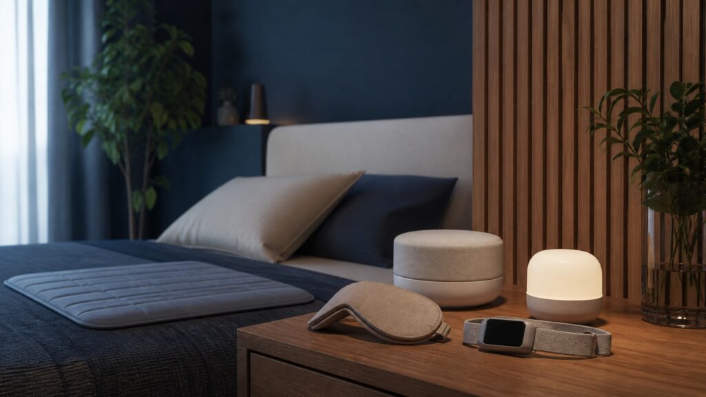 People-free editorial still life illustrating light sound temperature pressure and relaxation-cue pathway