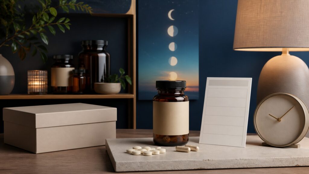 People-free editorial still life illustrating melatonin signaling circadian phase sleep opportunity nocturnal continuity morning alertness and underlying-cause review