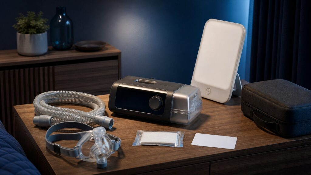 People-free editorial still life illustrating clinical indication prescribed device input interface delivery adherence response and follow-up pathway