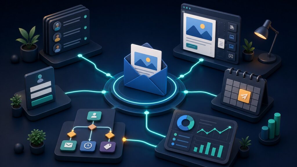Editorial business scene illustrating small business email marketing software