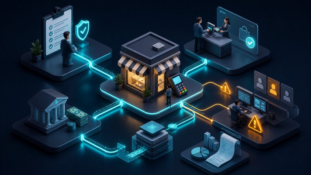 Editorial business scene illustrating small business merchant accounts work
