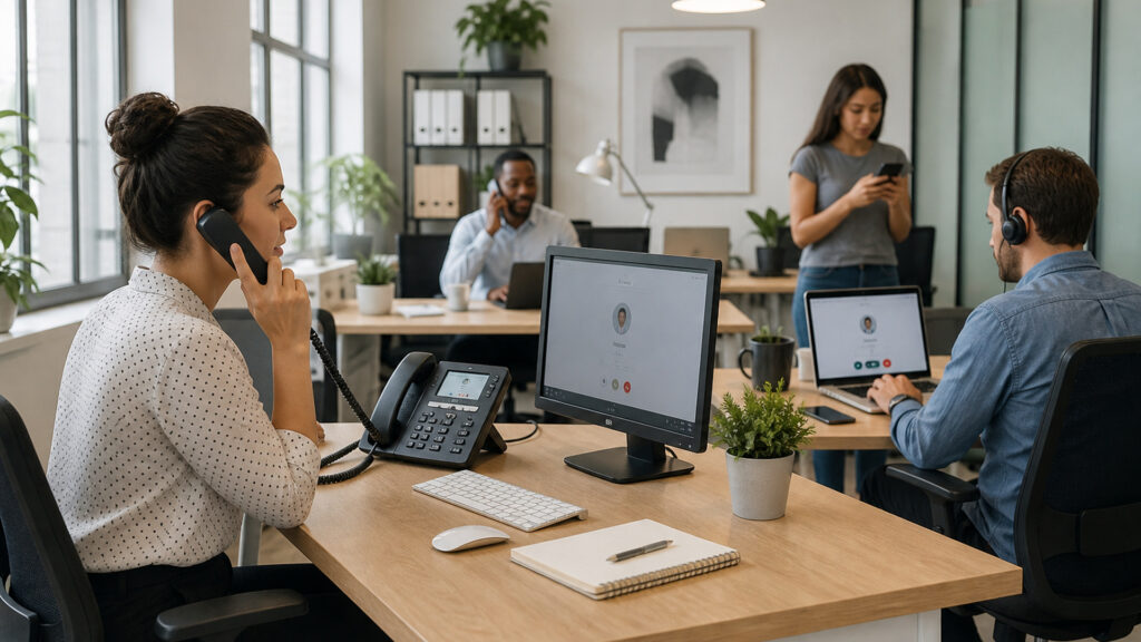 Editorial business scene illustrating small business voip systems work