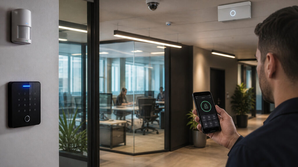 Editorial business scene illustrating smart business alarm systems work