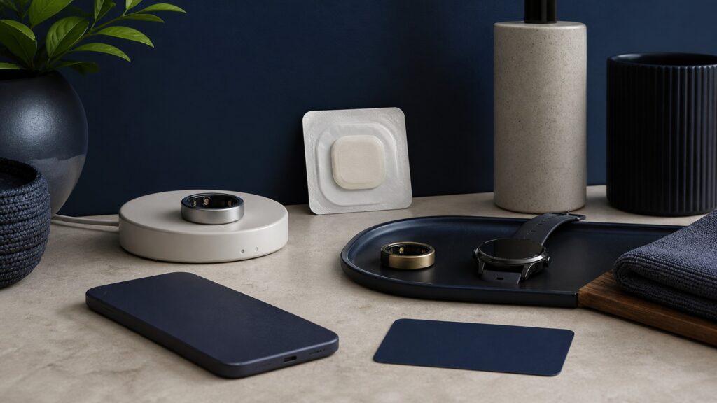 People-free editorial still life illustrating wearable sensing algorithm connectivity notification data-sharing and trend pathway