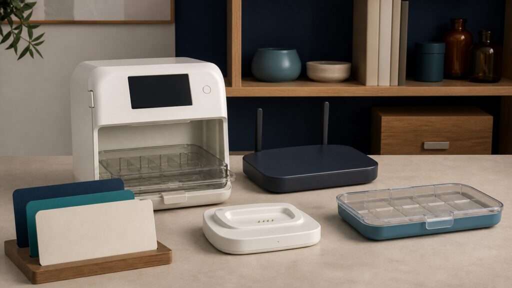 People-free editorial still life illustrating verified medication load scheduled release sensors event data network transmission remote alert acknowledgement log and caregiver review