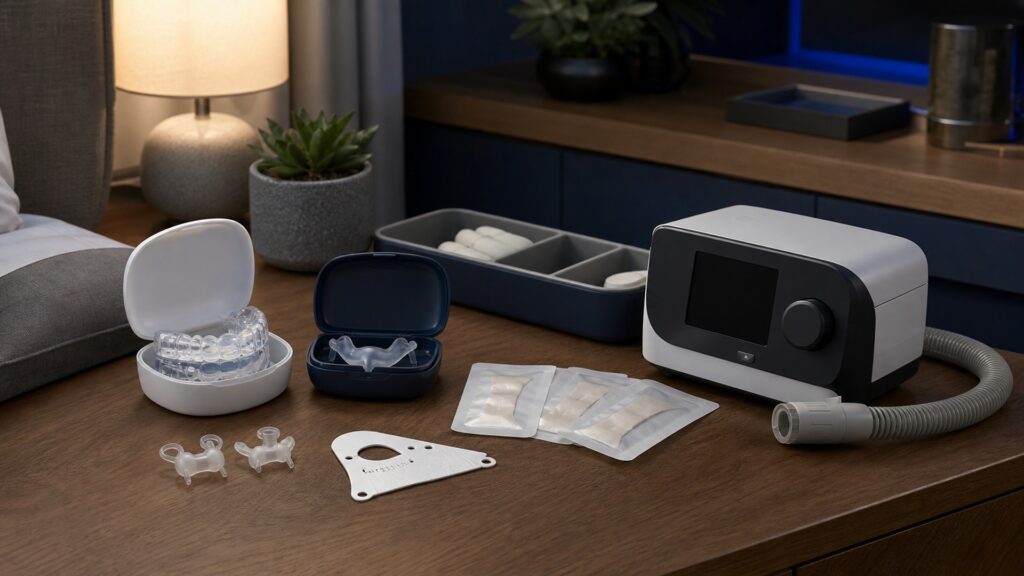 People-free editorial still life illustrating airway problem device mechanism airflow or position change breathing response adherence and clinical review pathway
