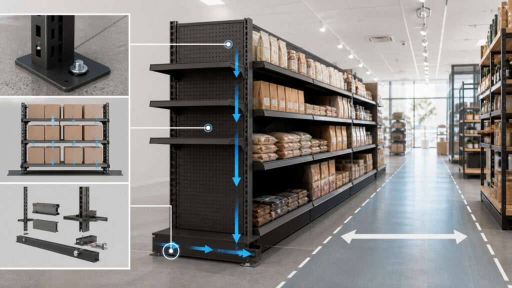 Editorial business scene illustrating store fixtures work