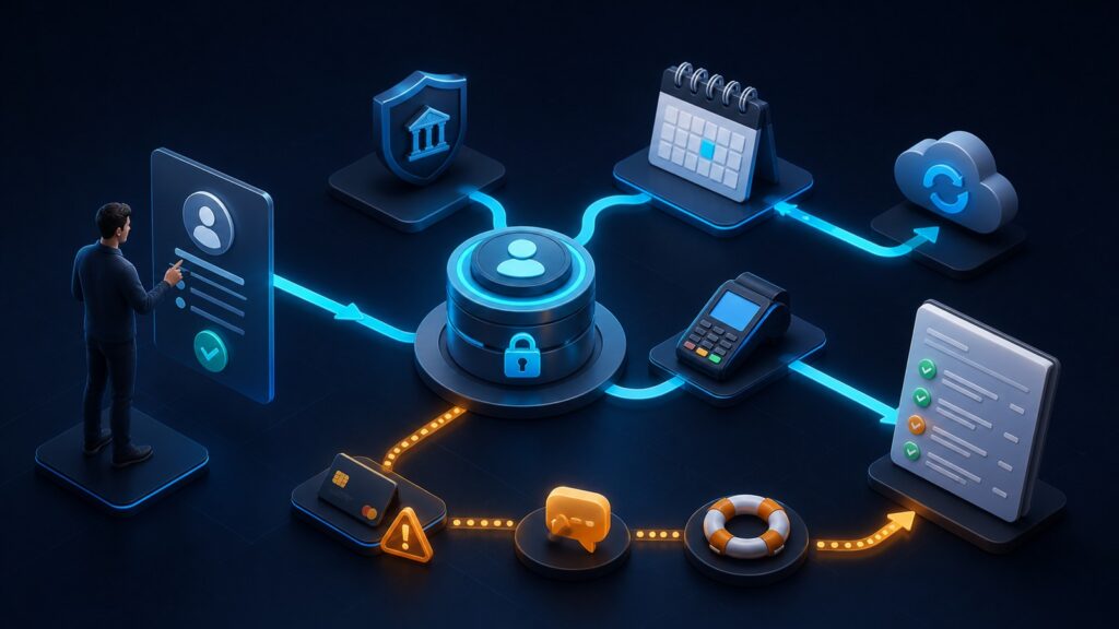 Editorial business scene illustrating subscription payment gateways work