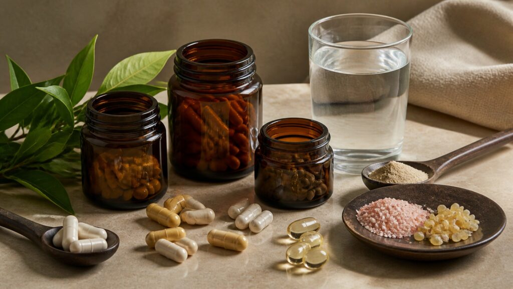 People-free editorial still life illustrating supplements