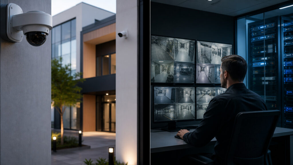 Editorial business scene illustrating surveillance systems work