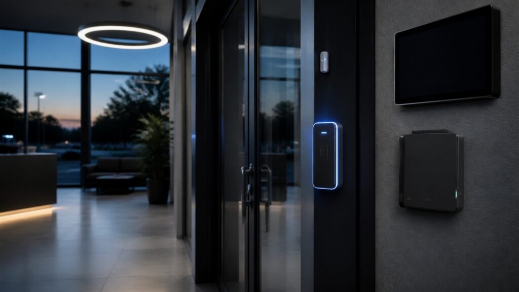 unbranded electronic door reader, access controller, electric strike hardware, plain badges, and clean wiring in a modern office entry for a after-hours monitoring buying decision
