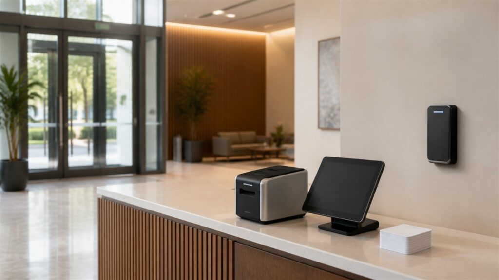 unbranded electronic door reader, access controller, electric strike hardware, plain badges, and clean wiring in a modern office entry for a visitor control buying decision