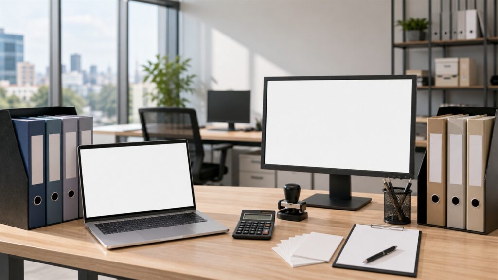 unbranded accounting workspace with calculator, organized financial documents, blank laptop screen, receipt scanner, and secure file trays for a growing teams buying decision
