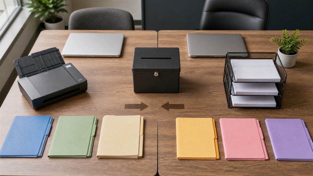 unbranded accounting workspace with calculator, organized financial documents, blank laptop screen, receipt scanner, and secure file trays for a outsourced operations buying decision