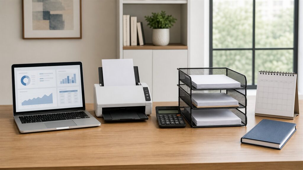 unbranded accounting workspace with calculator, organized financial documents, blank laptop screen, receipt scanner, and secure file trays for a recurring workflows buying decision