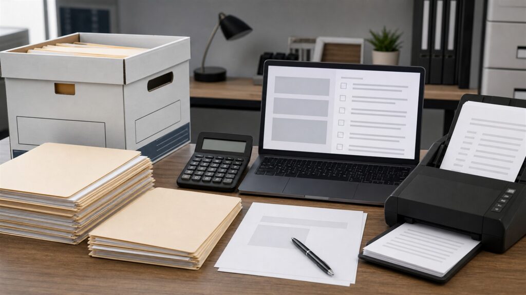 finance manager and business owner reviewing unbranded ledgers and reconciliation materials for a tax season buying decision