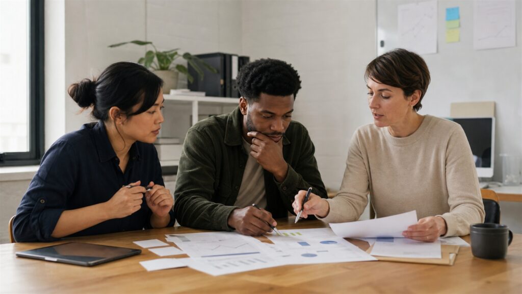 startup founders and finance adviser reviewing runway assumptions and organized accounting records