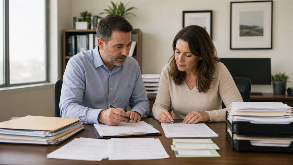 tax professional reviewing an organized return preparation checklist and supporting documents in a private office