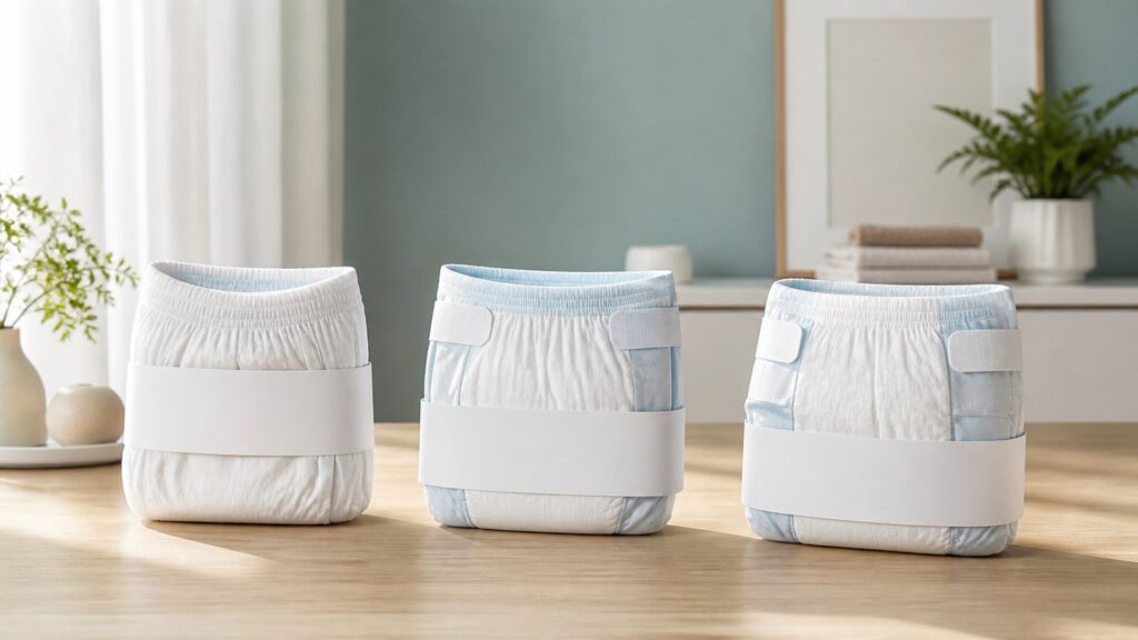 Unbranded adult incontinence underwear products arranged for a careful buying comparison