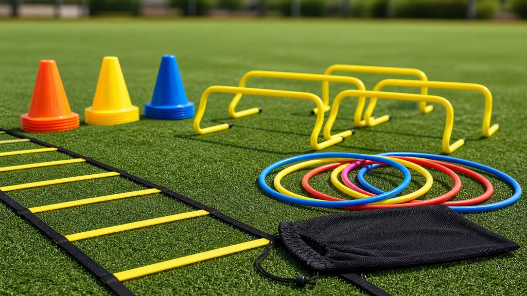 agility training equipment for team sports arranged in a practical buyer guide scene
