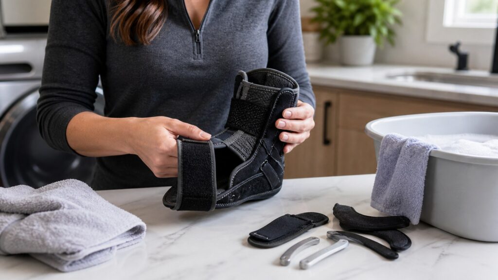 Unbranded ankle braces arranged to compare strap routing and heel opening alignment