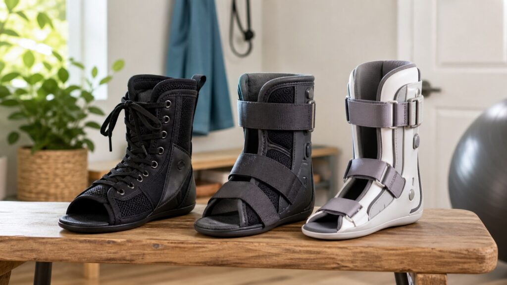 Unbranded ankle braces arranged to compare side-stay stiffness and footwear volume