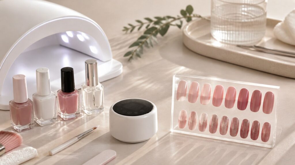 Unbranded editorial arrangement illustrating How to Choose At-Home Nail Systems for Long-Lasting Color