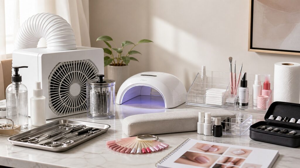 Unbranded editorial arrangement illustrating How to Choose At-Home Nail Systems for Salon Alternatives