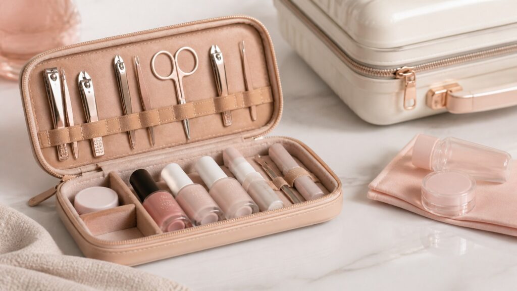 Unbranded editorial arrangement illustrating How to Choose At-Home Nail Systems for Travel Kits