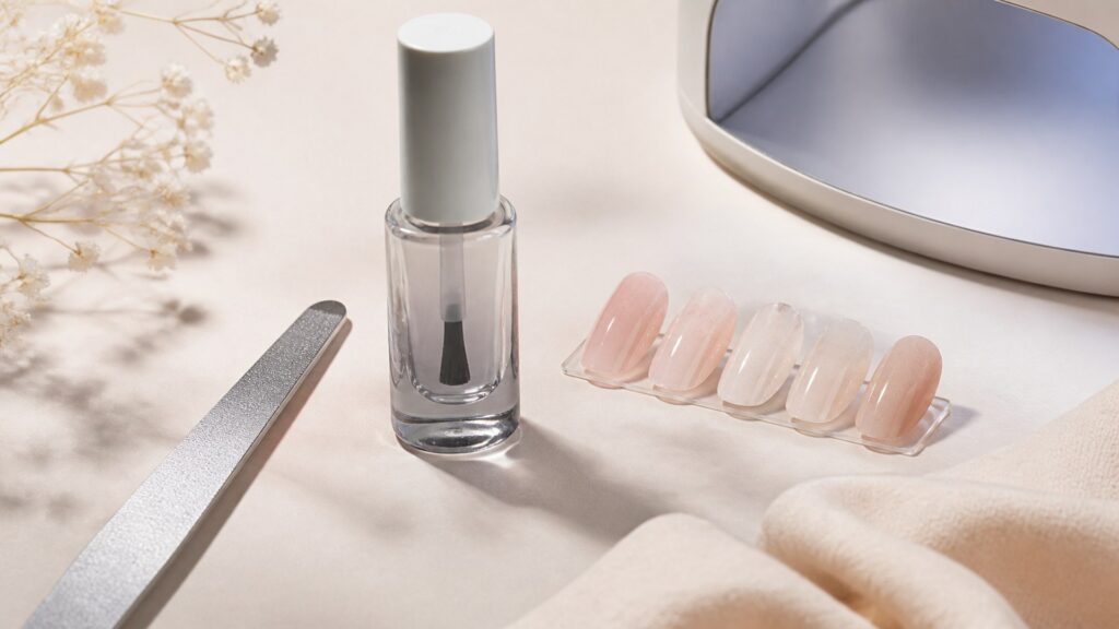 Unbranded editorial arrangement illustrating How to Choose At-Home Nail Systems for Weak Nails