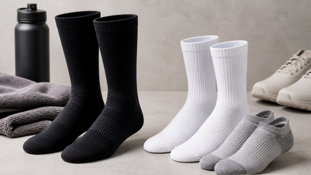 athletic socks for compression support arranged in a practical buyer guide scene